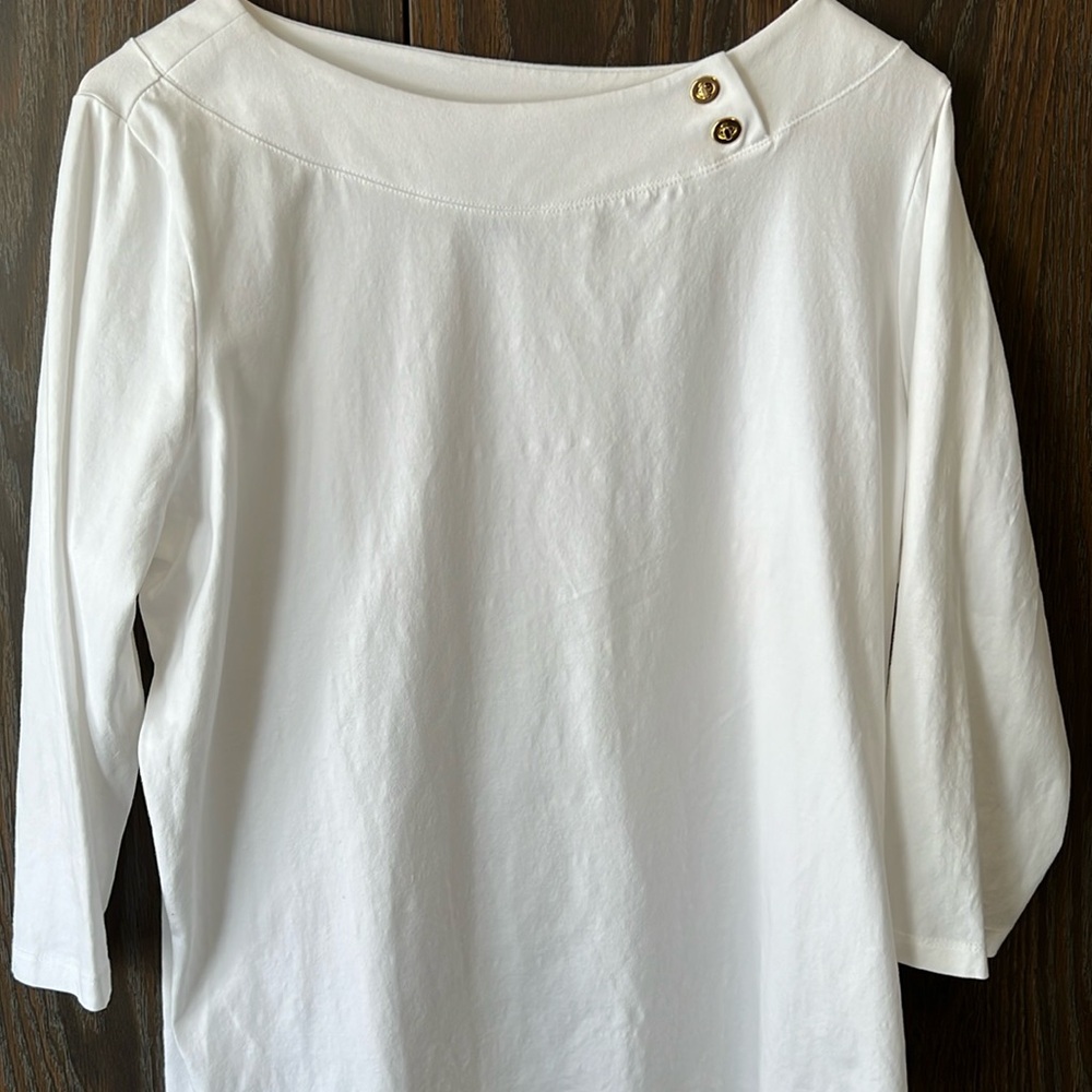 Chaps Women’s White Cotton Top Gold Accents Excellent Condition 1X Nautical